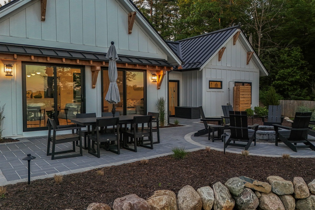Outdoor shower, dining and private fire pit.