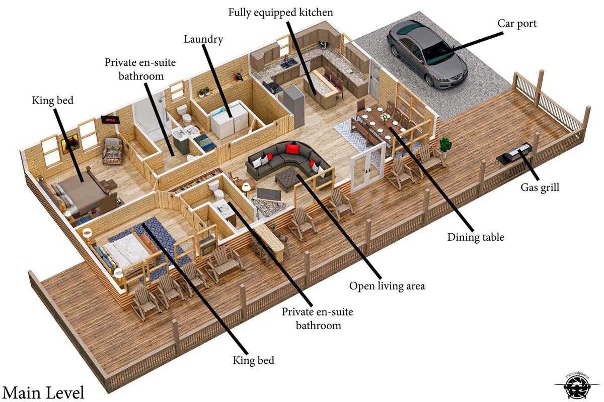 This main level floor plan features a fully equipped kitchen, open living area, two king bedrooms with en-suite bathrooms, laundry, and even a gas grill on the deck!