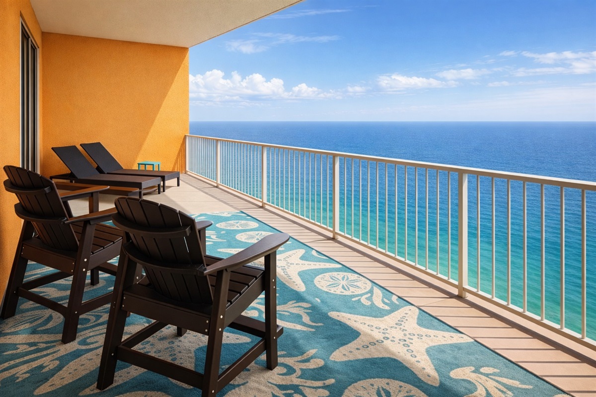 Spacious private balcony with panoramic Gulf views — perfect for lounging, dining, and unforgettable sunsets.