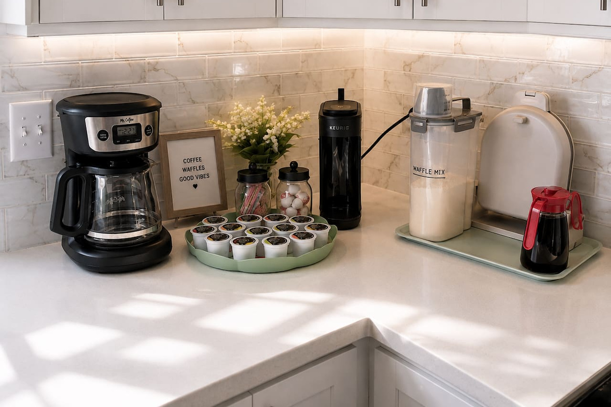 Coffee Station with Keurig K cup pods Coffee maker + Mr. Coffee Drip Coffee maker (Supplies to make coffee on either machine is available) including Coffee, Sugar, Creamer, filters, and we also have tea available for tea lovers! Breakfast available!
