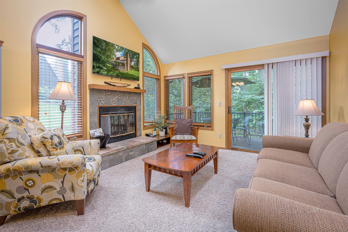 Living room with pull out queen bed and access to private deck w/grill