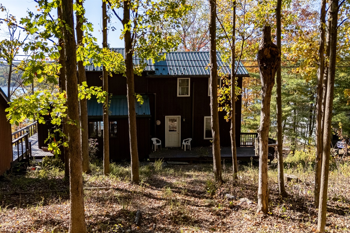 Side exterior of cabin with wooded lot surrounding — complete privacy.