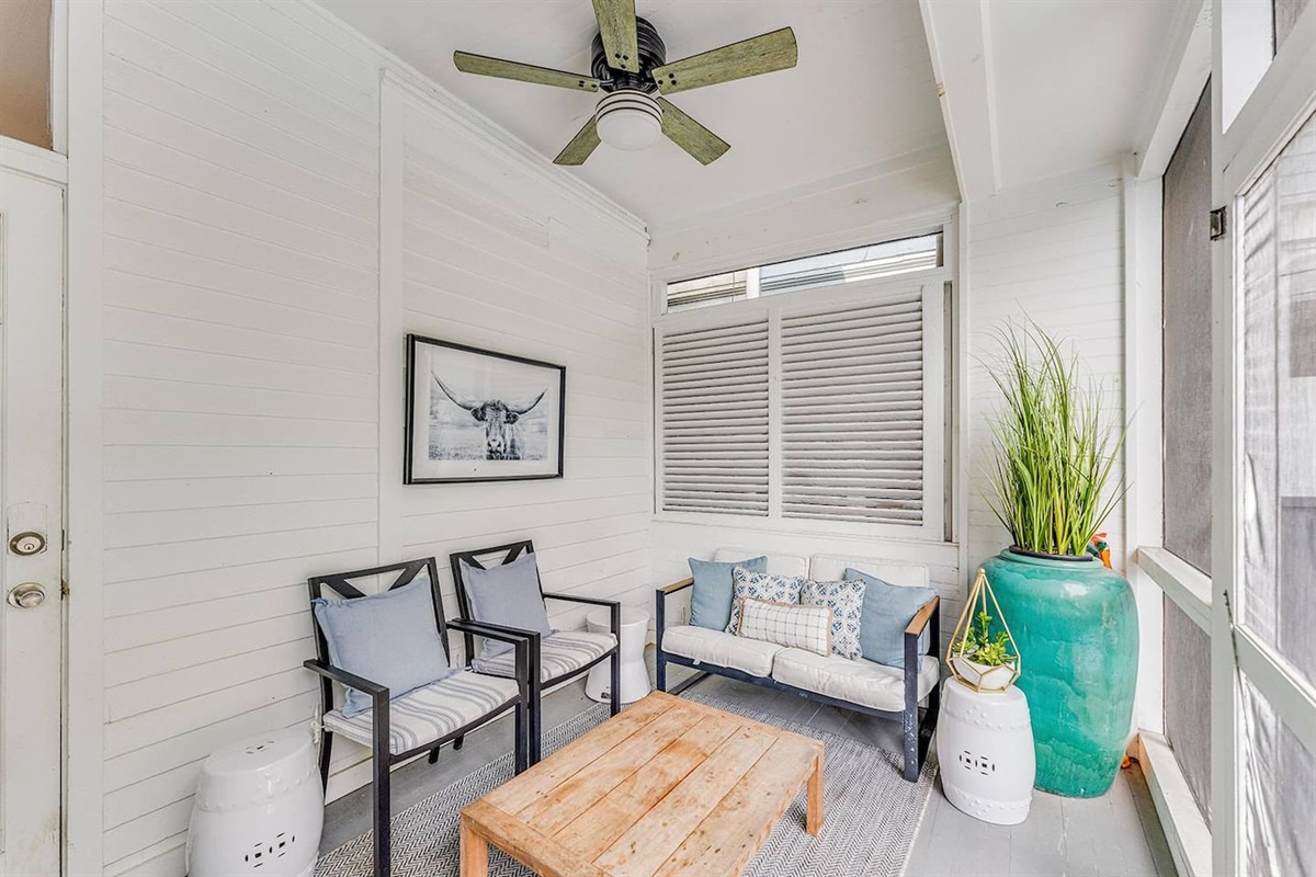 Screened in porch with ceiling fan make this a year round option.  Take a break from the heat or enjoy an evening bug free while enjoying the peaceful backyard and pool.