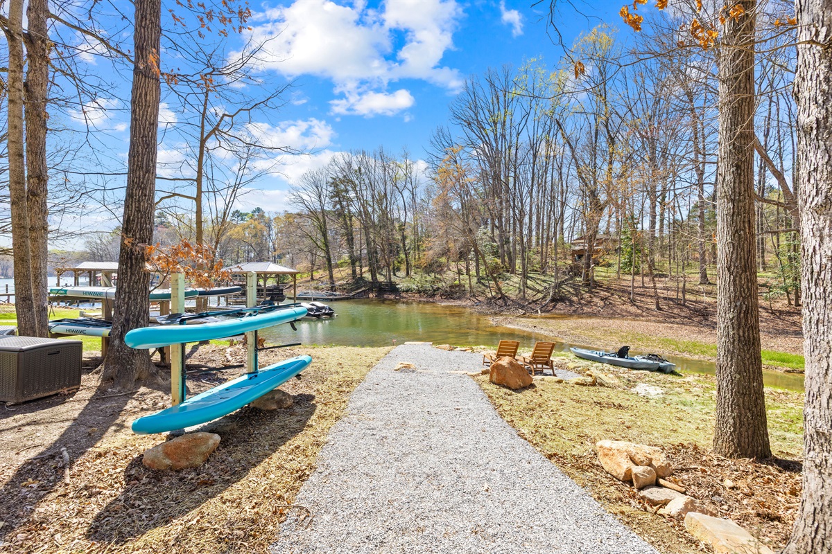 2 paddleboards and kayaks in the distance, ready for a great day on the lake.