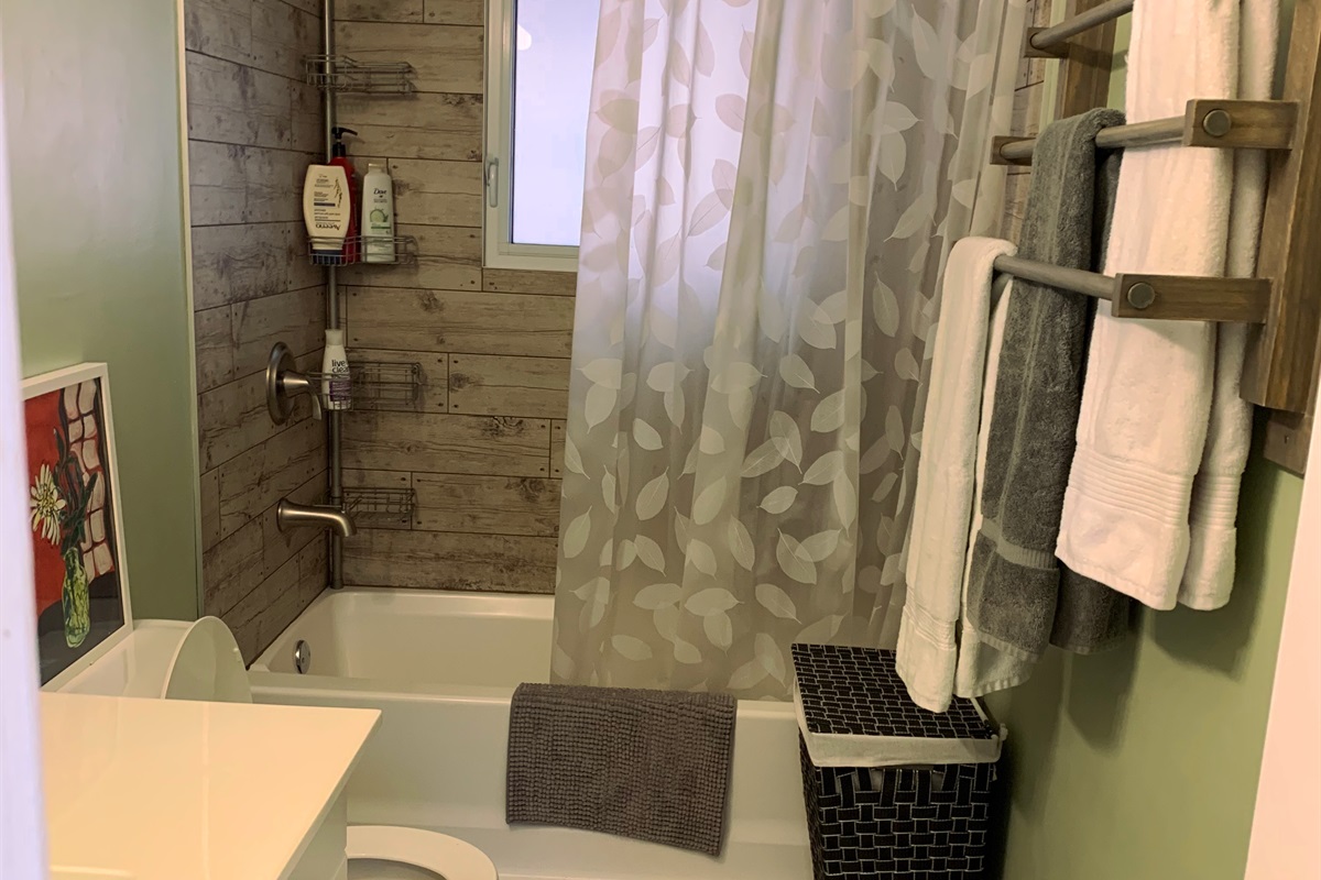 Three-piece full bathroom showing tub & shower, counter etc.