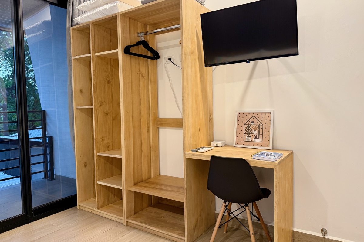 Wardrobe, workspace, TV.