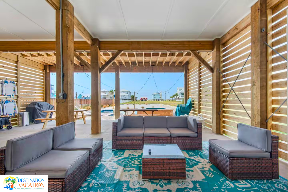 Covered lounge creates the perfect outdoor gathering space.
