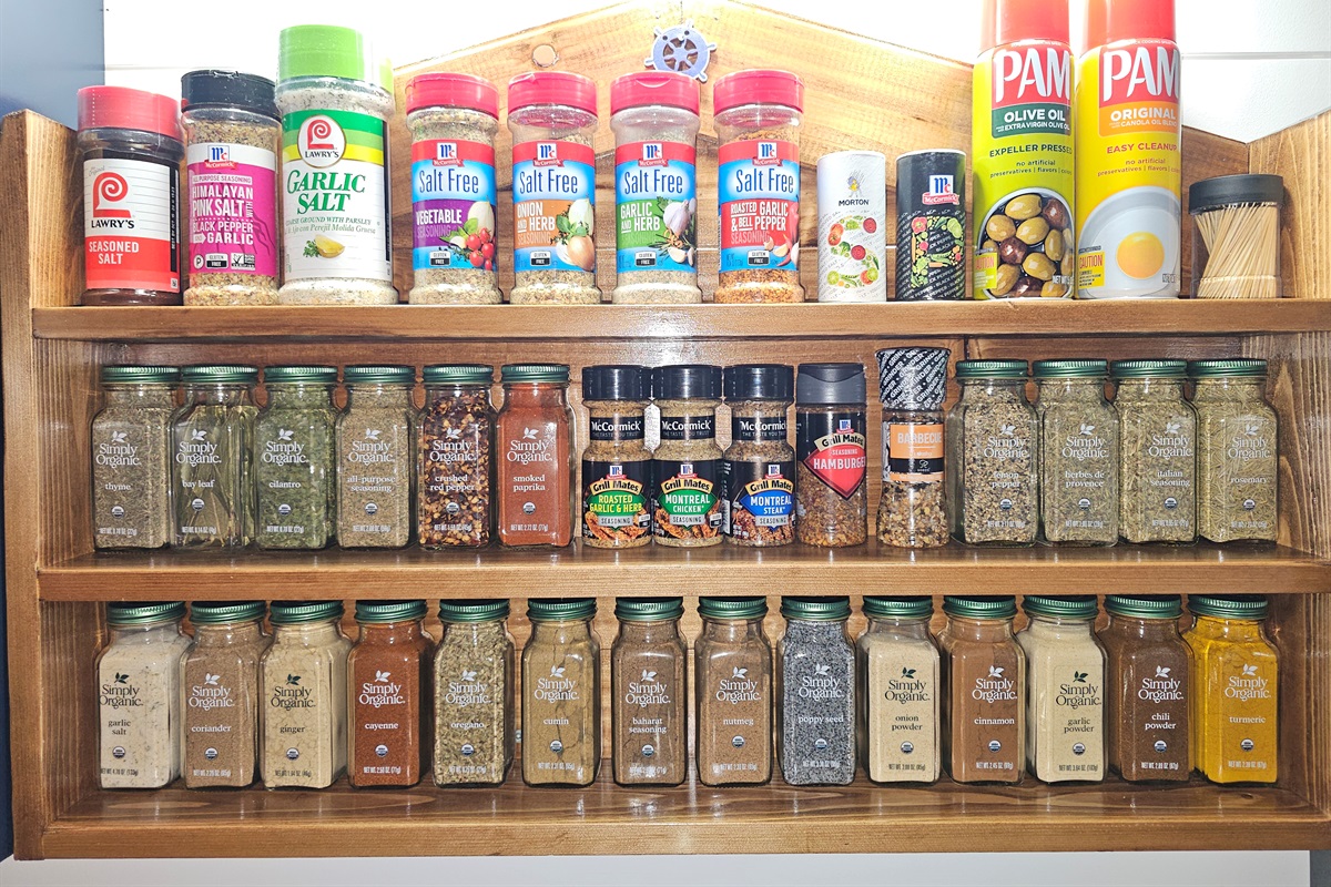Massive fully stocked spice rack — perfect for cooking full meals during your stay