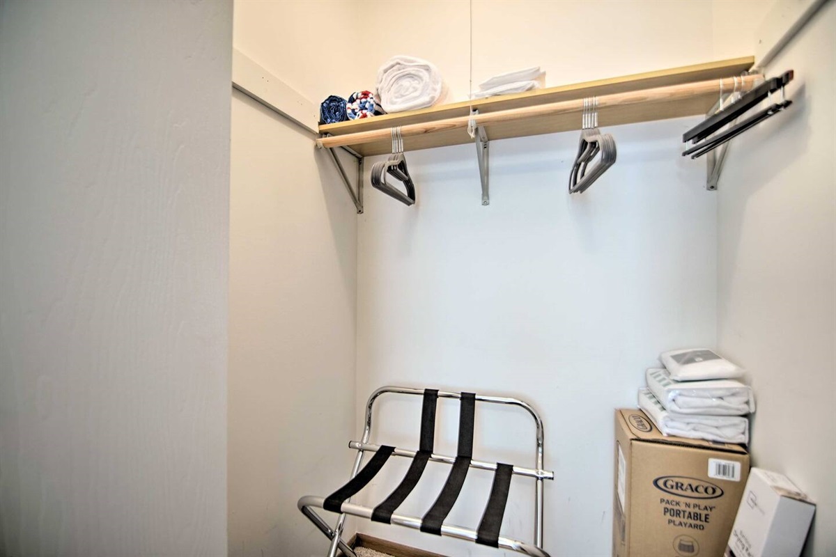Beach towels are provided for summer beach excursions and trips to the water parks. A Pack N Play, plenty of hangers, an iron, ironing board and luggage racks are available.
