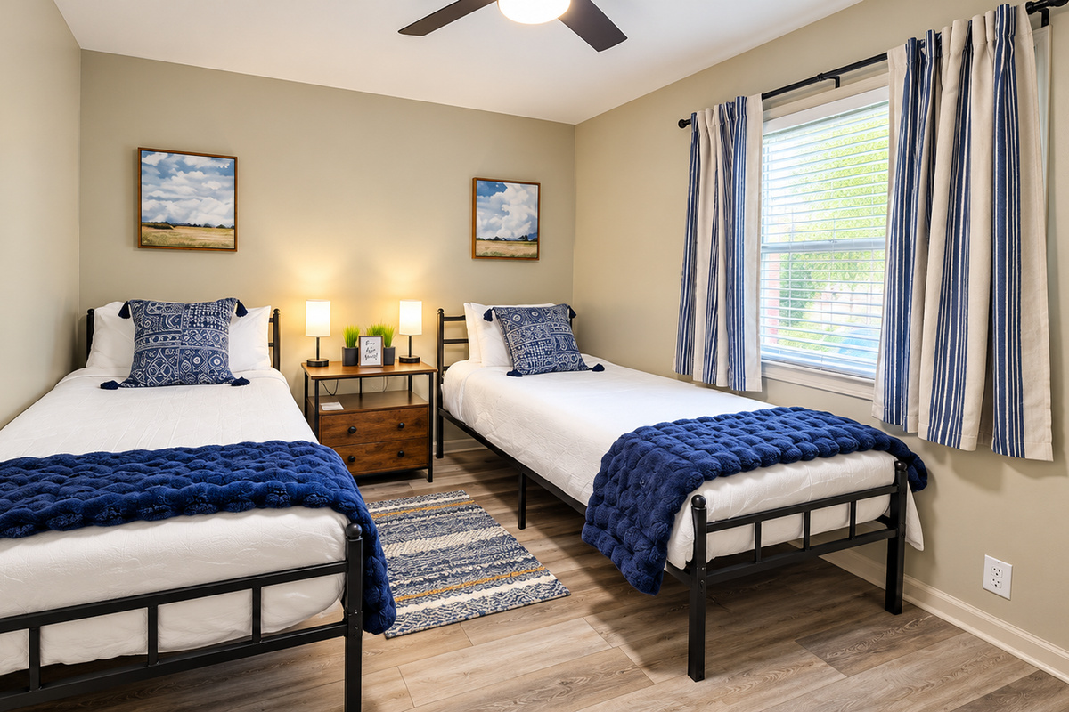 Two comfortable twin XL beds with crisp linens, navy accents, and individual bedside lamps.