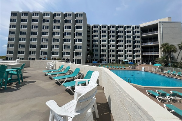View of building and communal balconies from pool Sundeck
