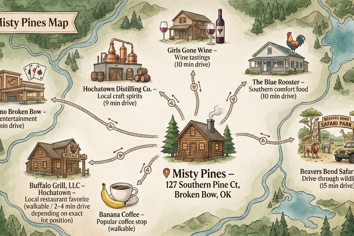 Close to local favorites, wineries, dining and scenic outdoor spots, Misty Pines offers the perfect balance of peaceful seclusion and easy access to Hochatown's best experiences.