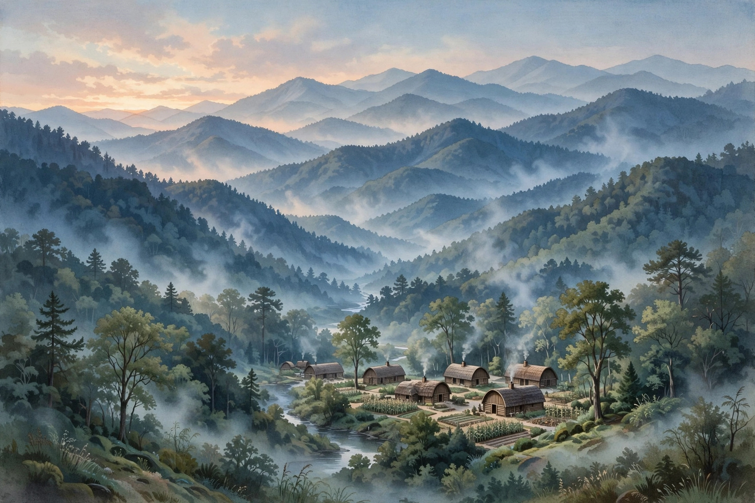 Illustration of layered blue Smoky Mountain ridges with a Cherokee village in the valley below