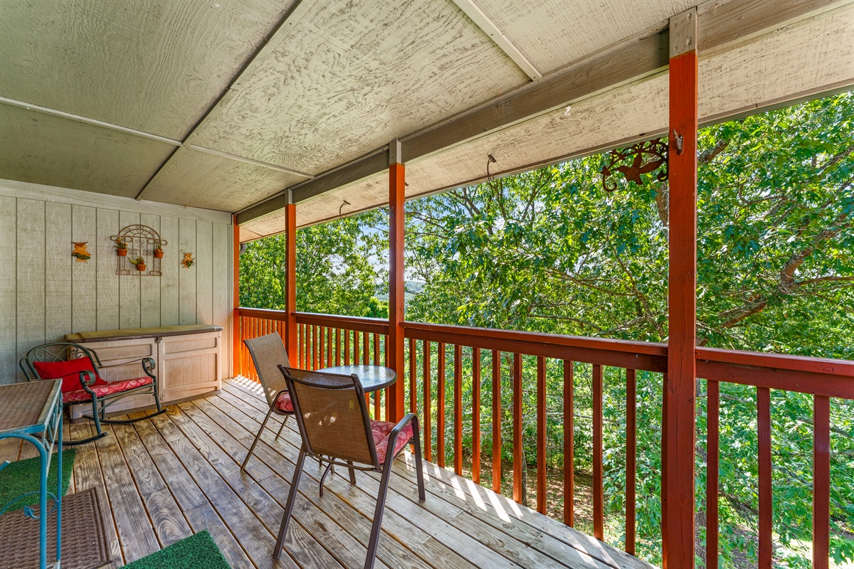 Start slow with coffee and fresh air on your private covered deck tucked into the treetops.