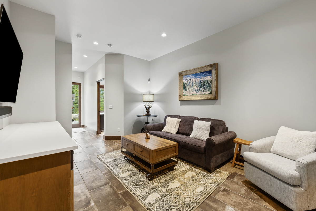 Lower level living area with large tv, wine refrigerator and Queen sofa sleeper. A full-sized twin bed is stored nearby and can fit easily in this area. 