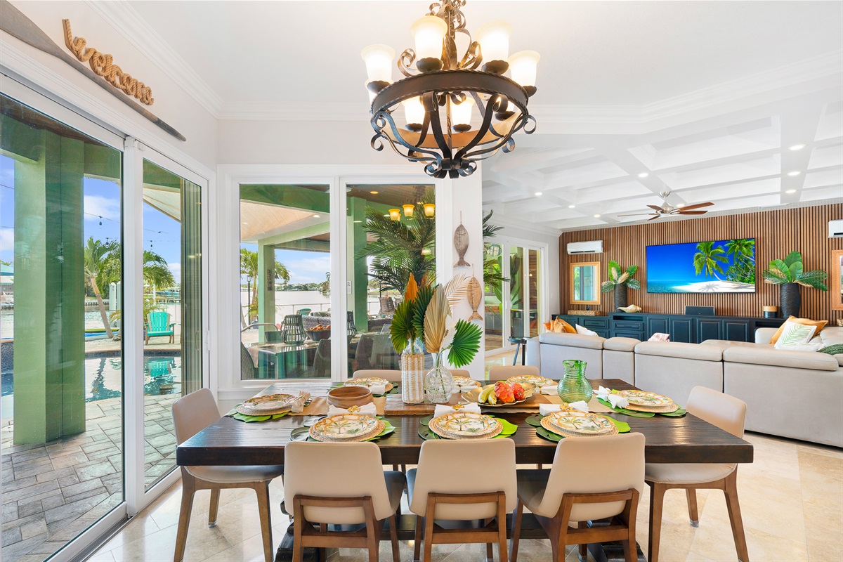 The dining table expands to seat 12 comfortably.