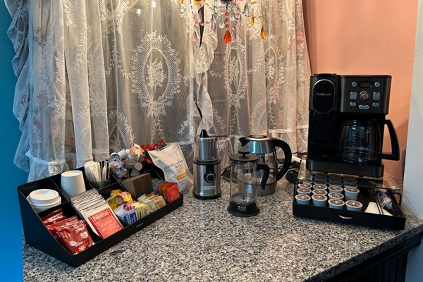 Fully stocked coffee, hot tea, hot chocolate station! (we even have mini marshmallows)