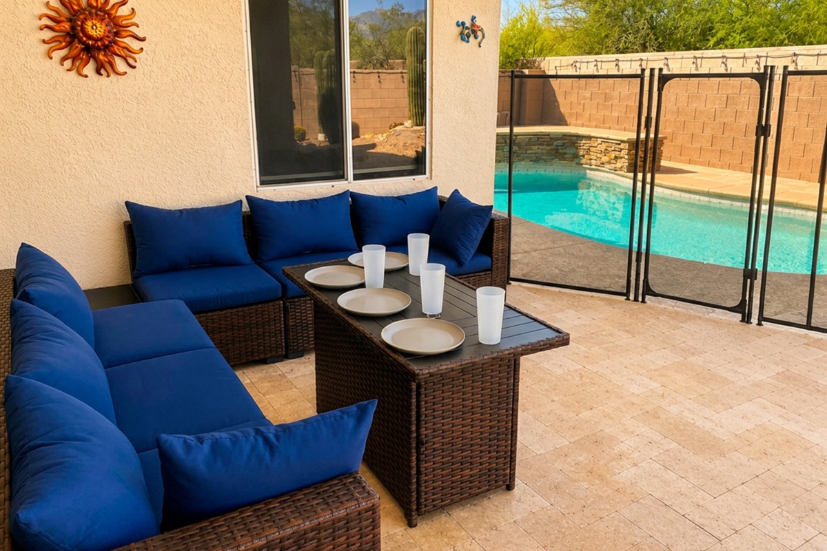 Comfortable shaded seating for six.