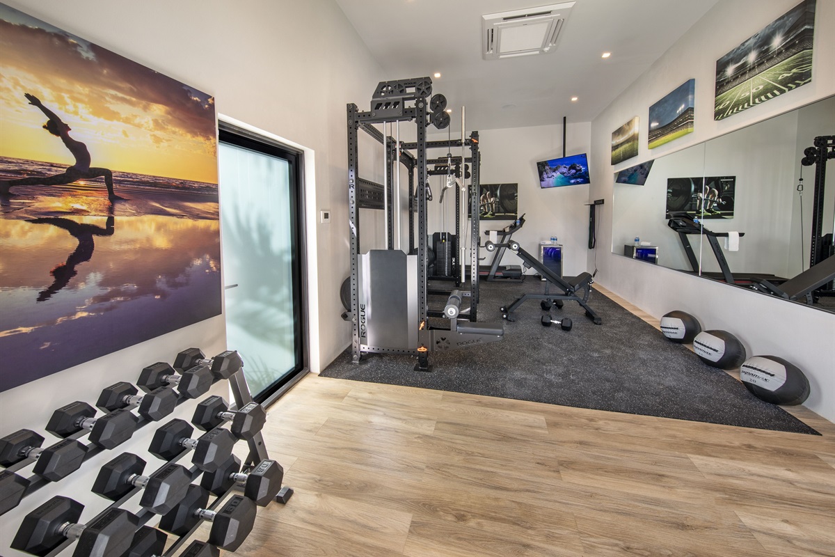 In-house gym with cable weight machines, free weights, and a treadmill.