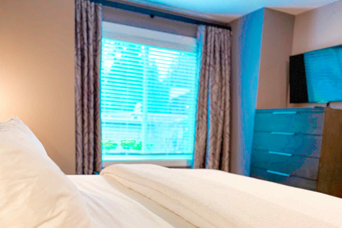 King bed. Streaming TV. Darkening blinds.