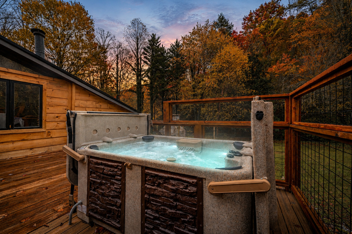 Sink into the private four-person hot tub, surrounded by tranquil forest views and the soothing sounds of nature.