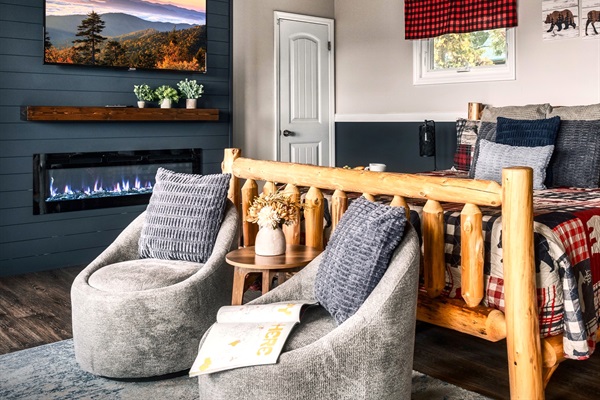 Whether it’s a cool morning or a cozy night in, unwind in bed with the warmth of an electric fireplace and incredible mountain views as your backdrop.