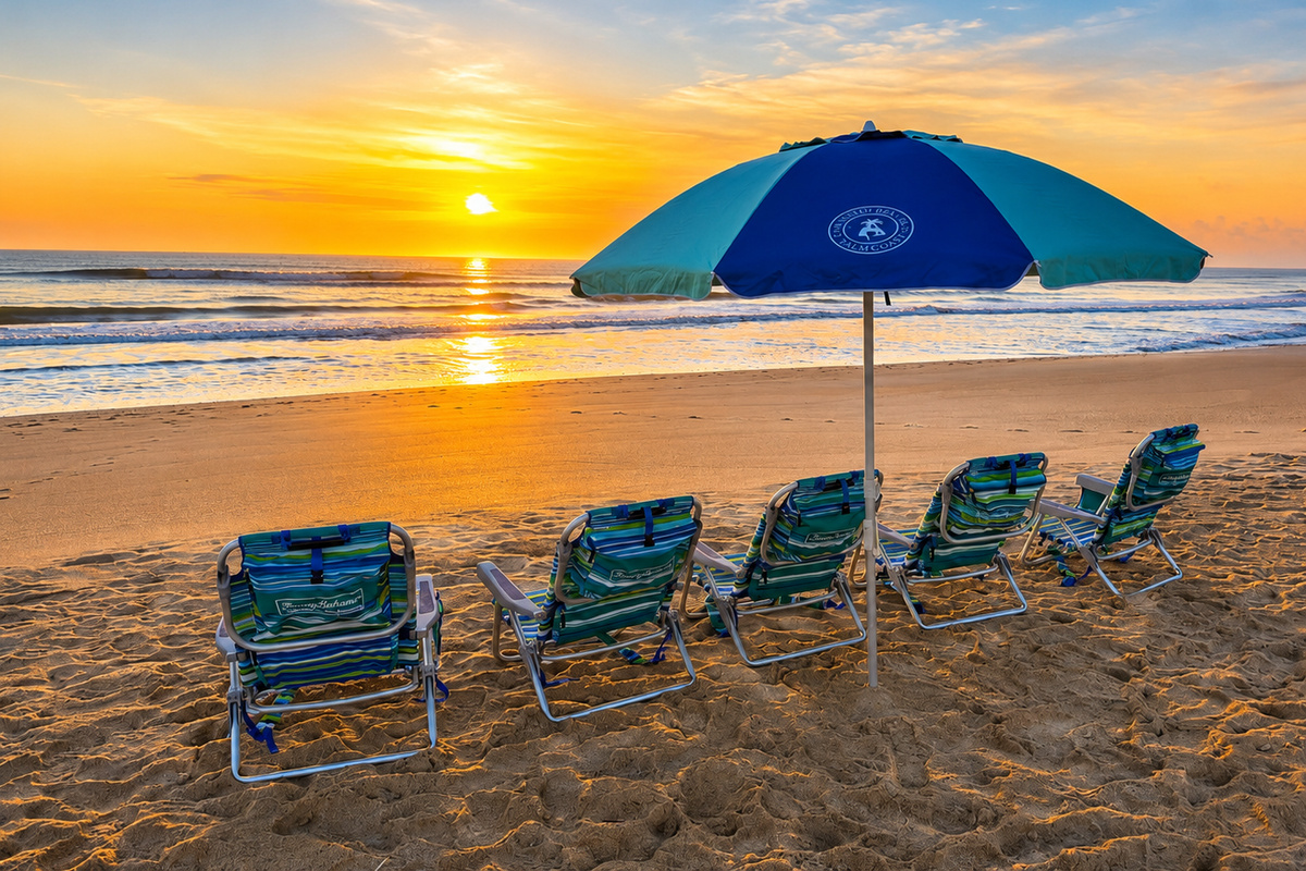 Chairs lined up, umbrella swaying, the ocean glowing gold—your family's front-row seats to the Atlantic await. Bring the kids, the cooler, and absolutely no agenda. Days like these, toes in the sand together, are what memories are made of.
