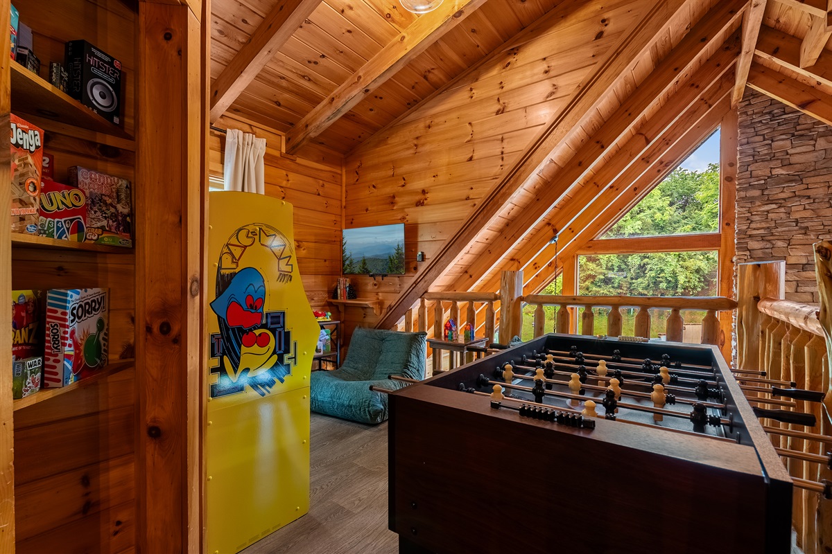 An upstairs retreat offering additional space for fun, games, and relaxation.