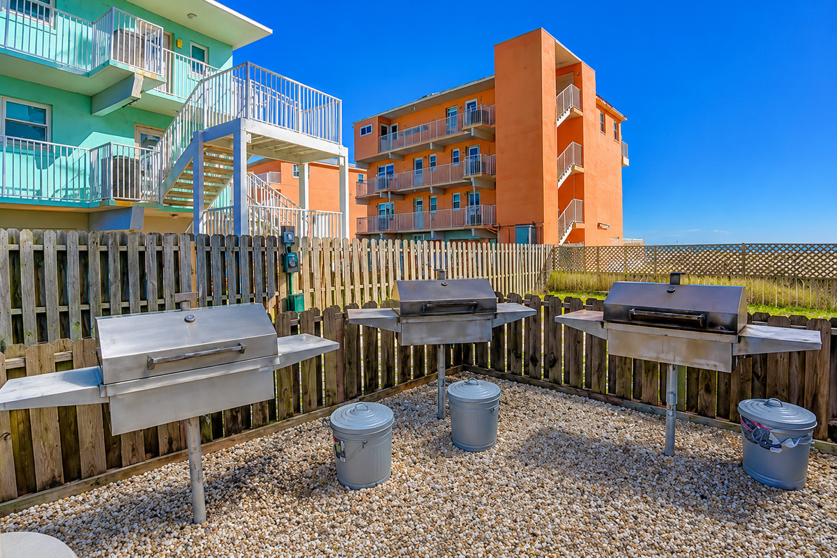 The grilling area is on the East side of the building.