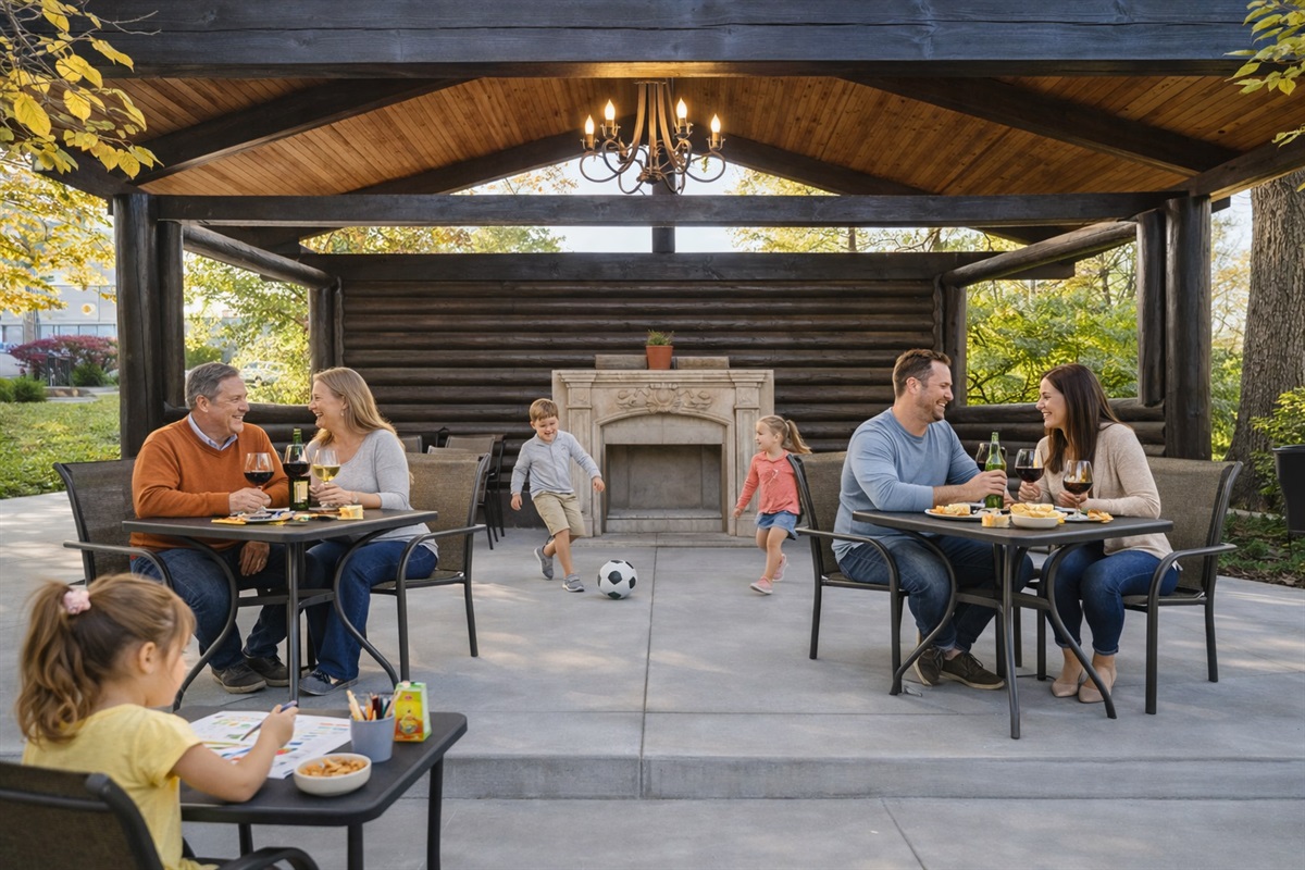 Covered outdoor pavilion with fireplace—perfect for family time, games, and relaxing together