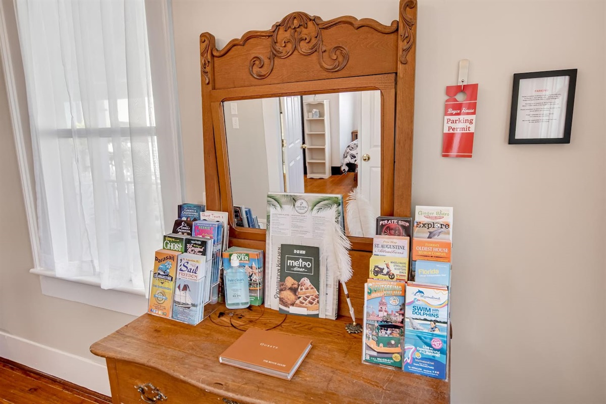 Welcome table with brochures and guest book