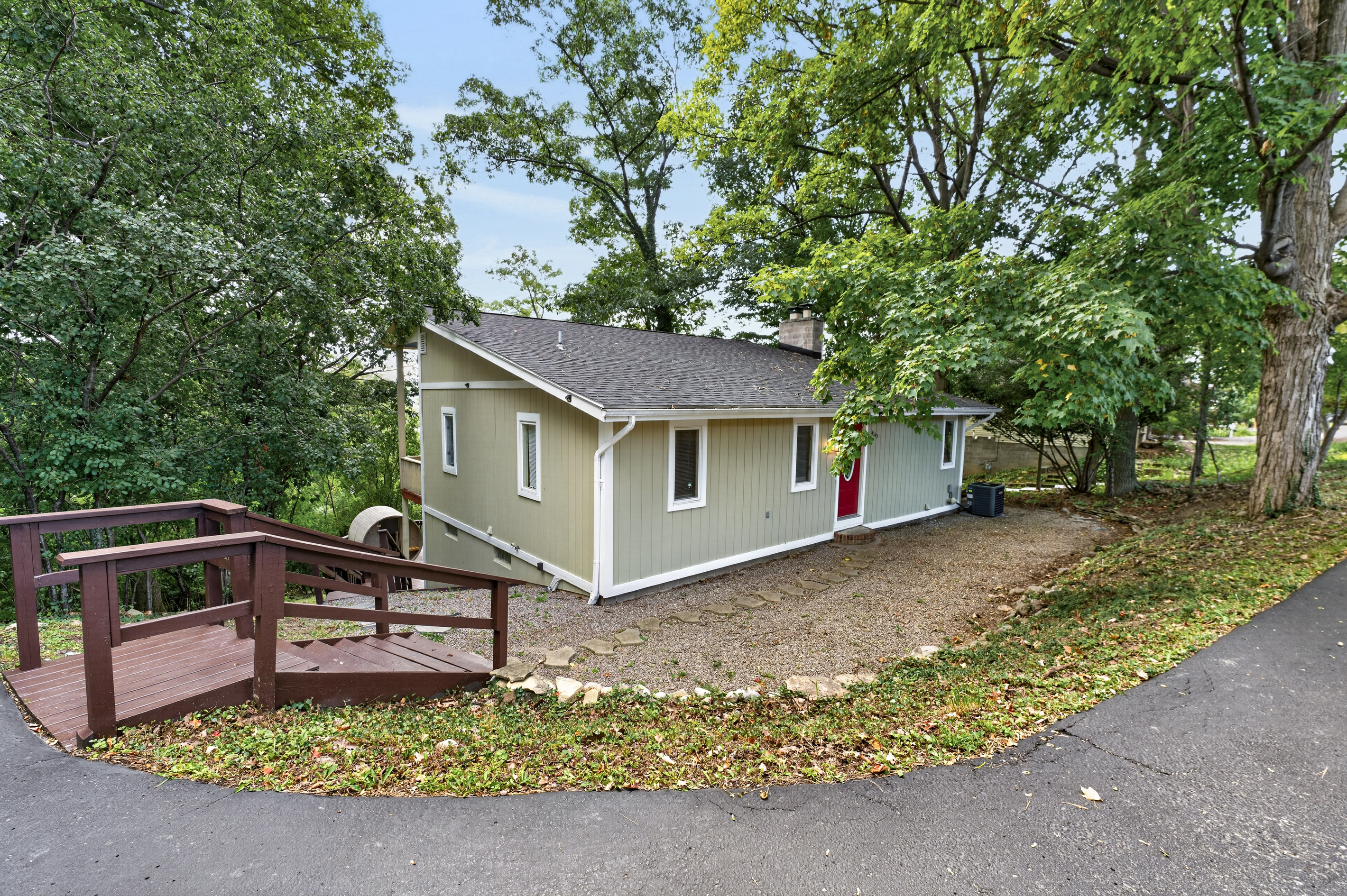 Angled exterior view beside the driveway