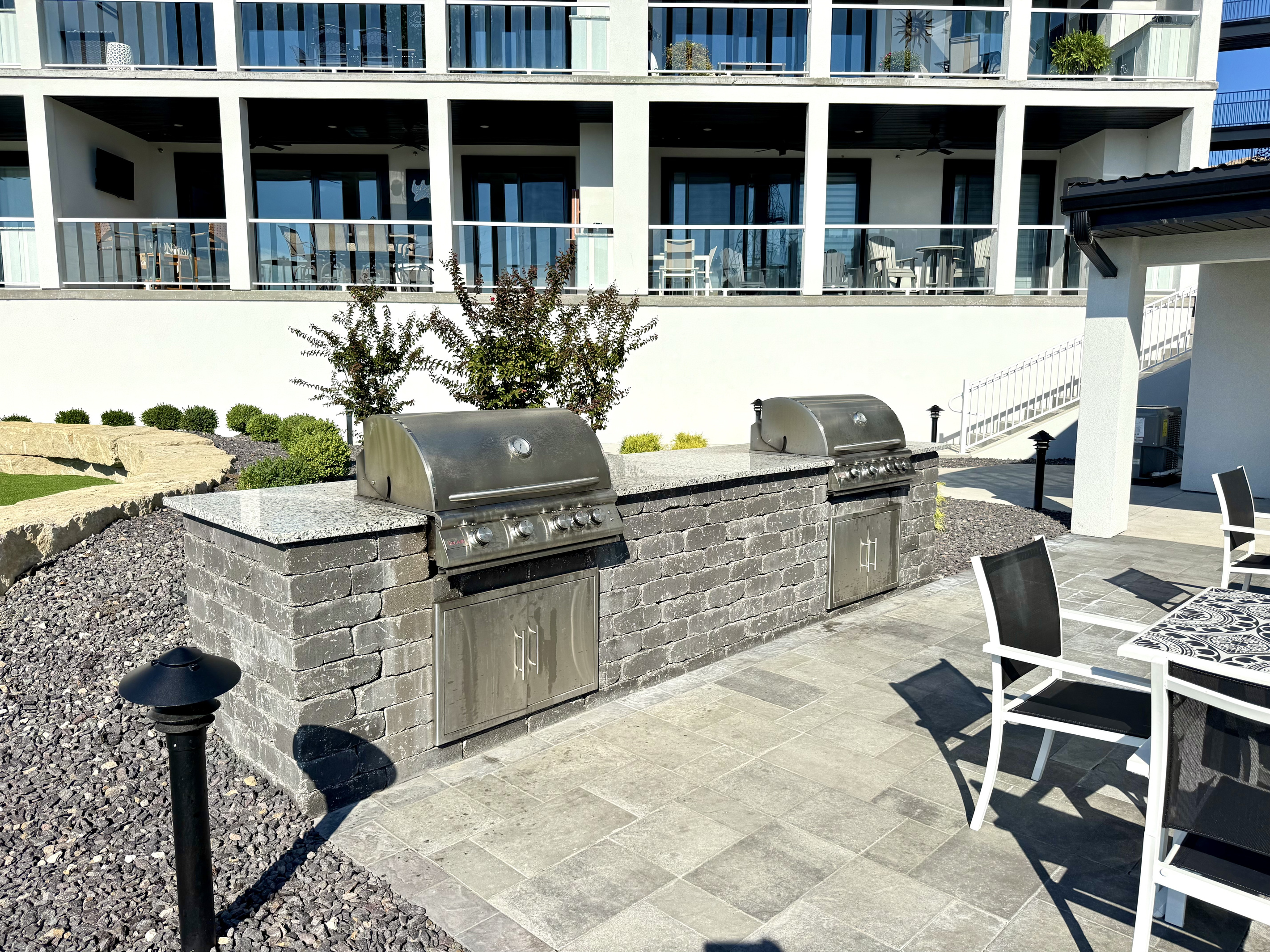 Propane gas grills are located outside Building 4, first floor near the community room. Condo 406 does have a private electric grill and griddle on the deck.