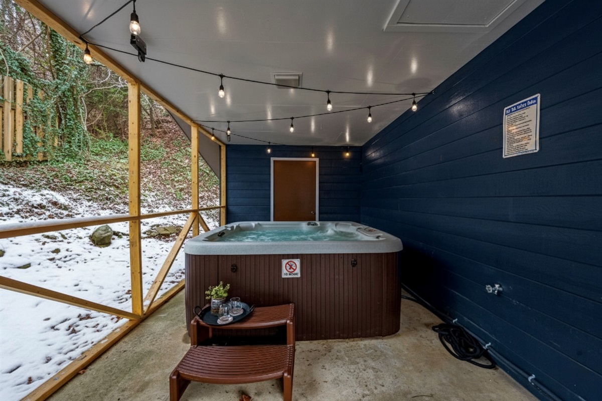 Soak away cares and stress in our spacious private hot tub with mood lighting