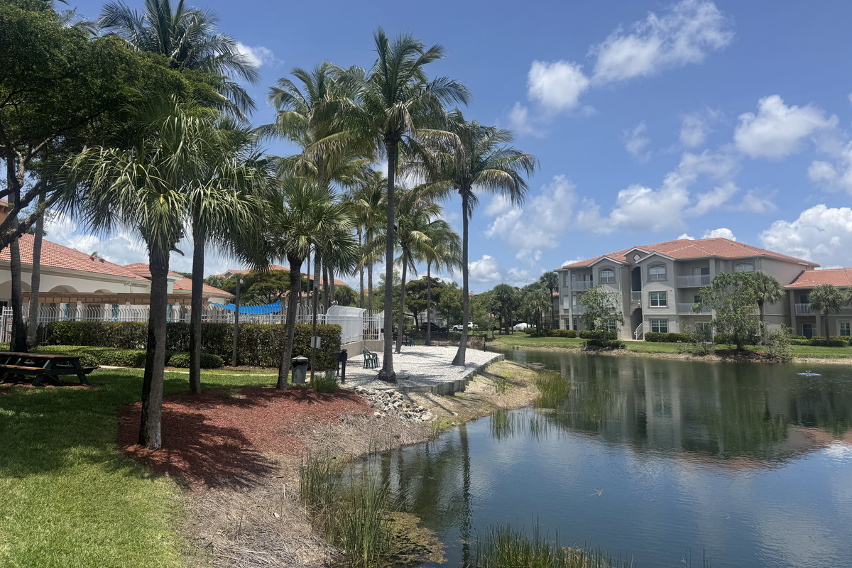 The view of the lake next to the building