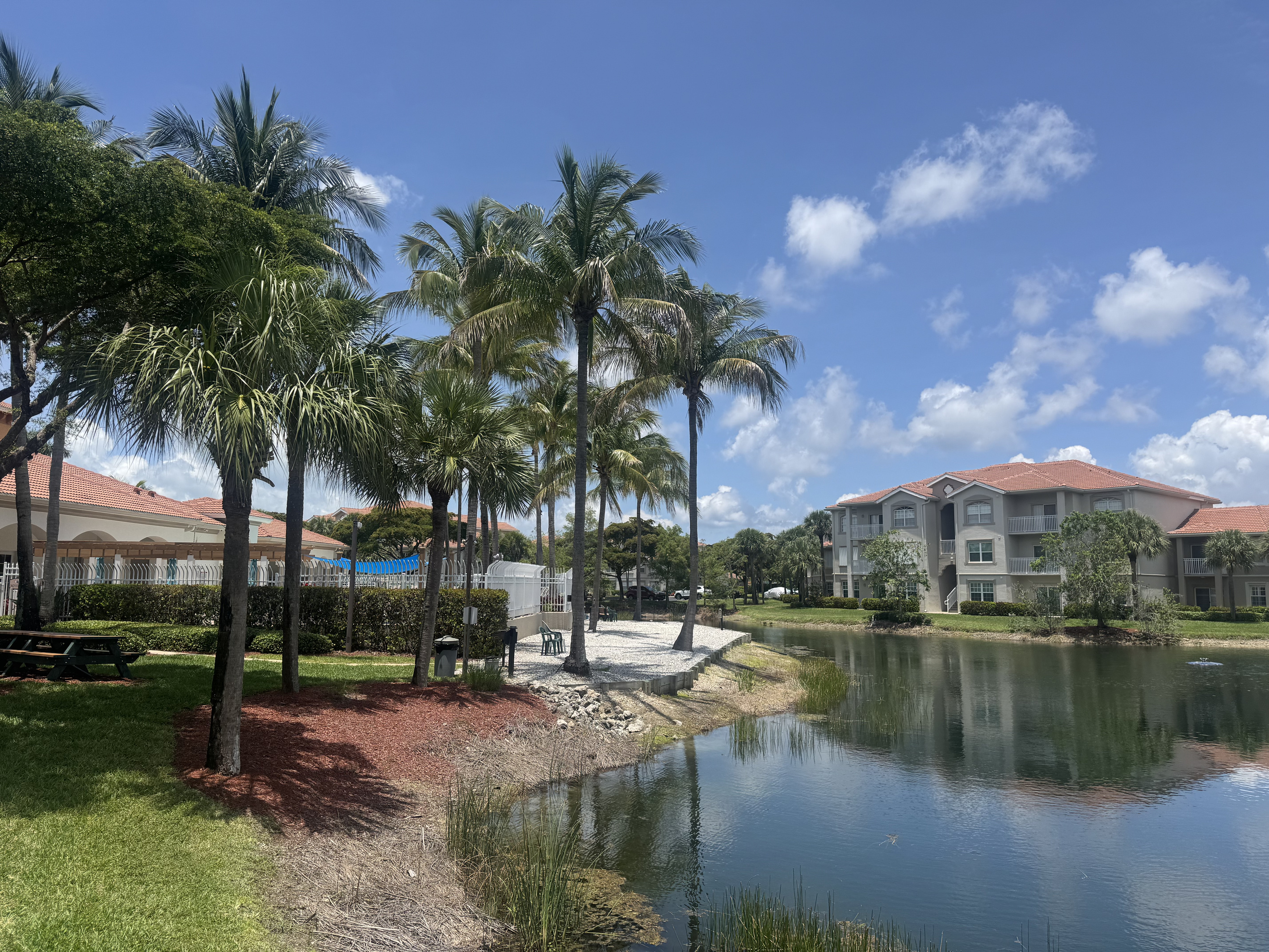 The view of the lake next to the building