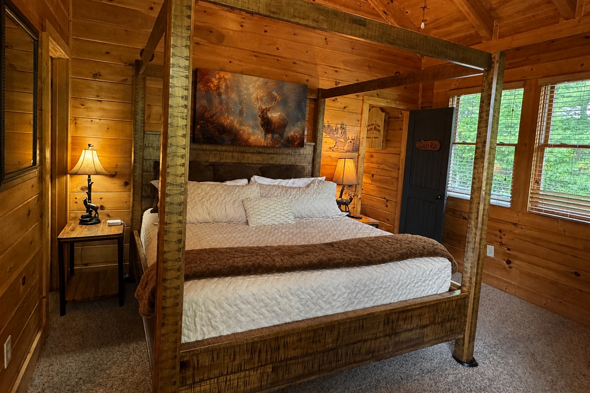 Room number 1 Deer Room, upstairs King, private bath, tub and fireplace.