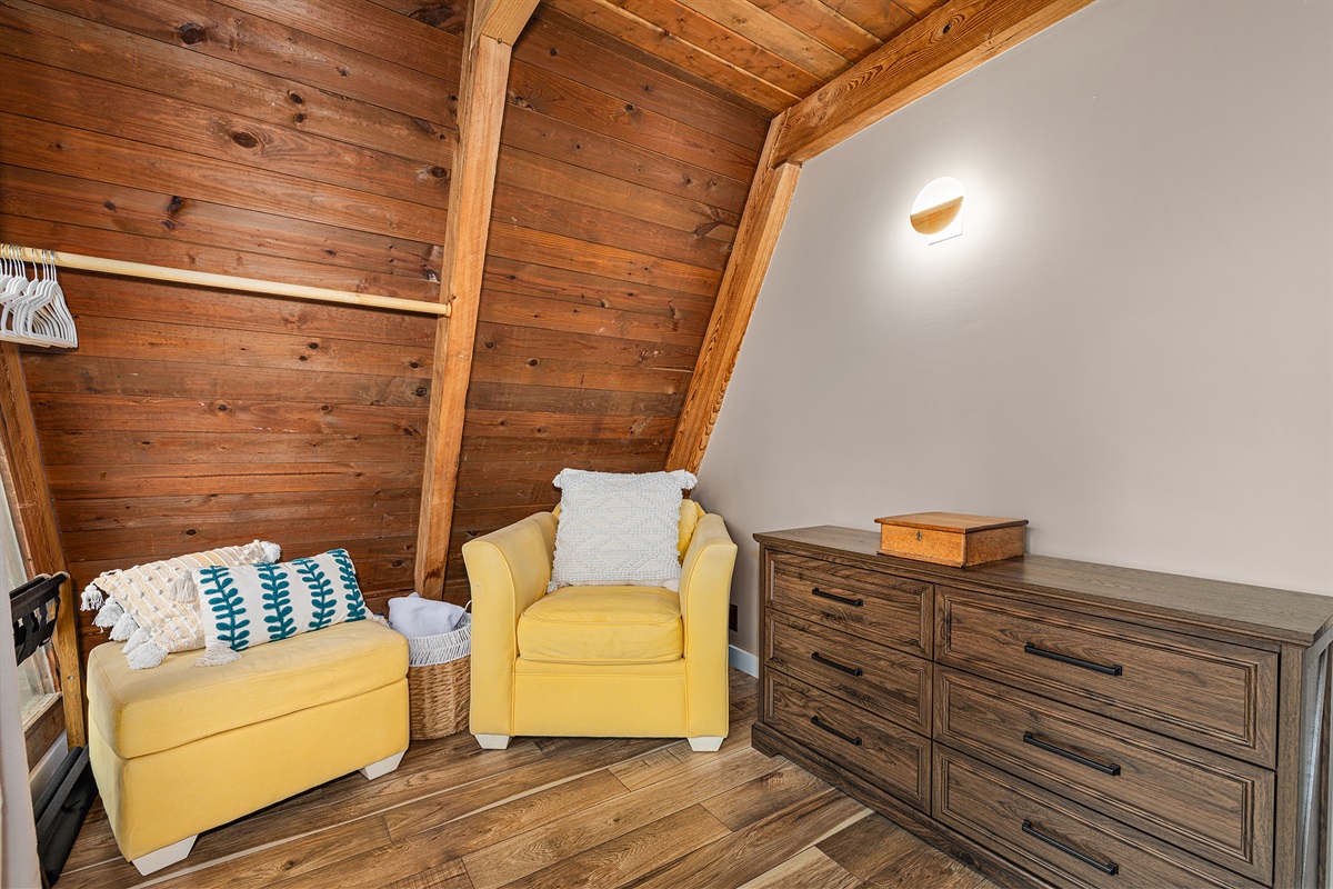 You’ll have a dresser and hanging space in the first-floor sleeping space.