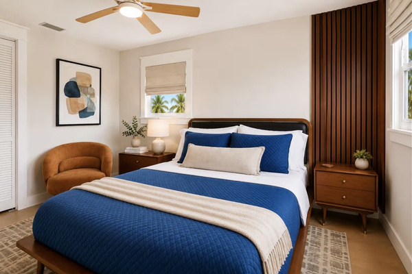 Private king suite featuring premium bedding and designer finishes