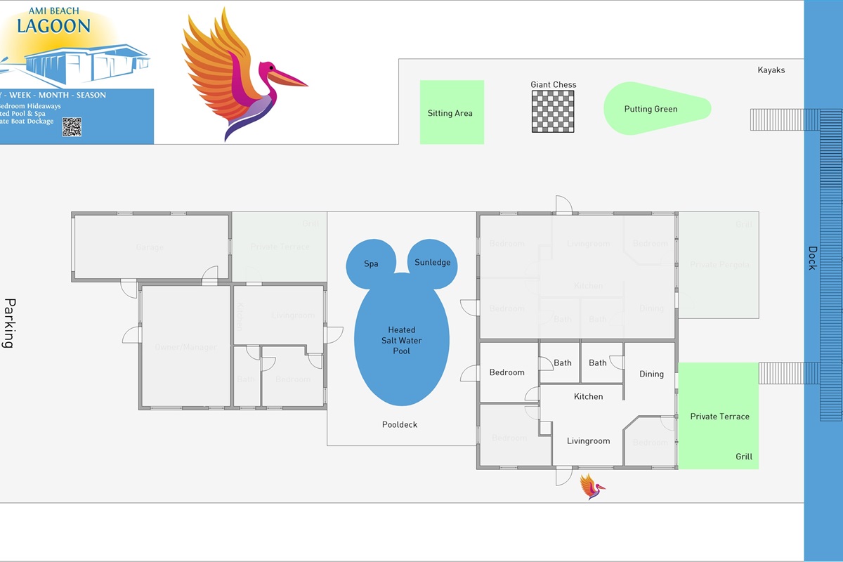 AMI Beach Lagoon Layout with highlighted Pelican 1-Bdr. Master Bedroom is available, Bedrooms 2 and 3 are locked in this configuration.