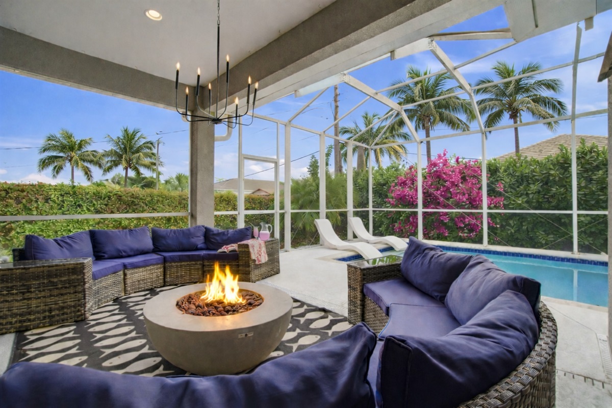 Enjoy the large couches on the lanai with a fire table and southern exposure for the most sun