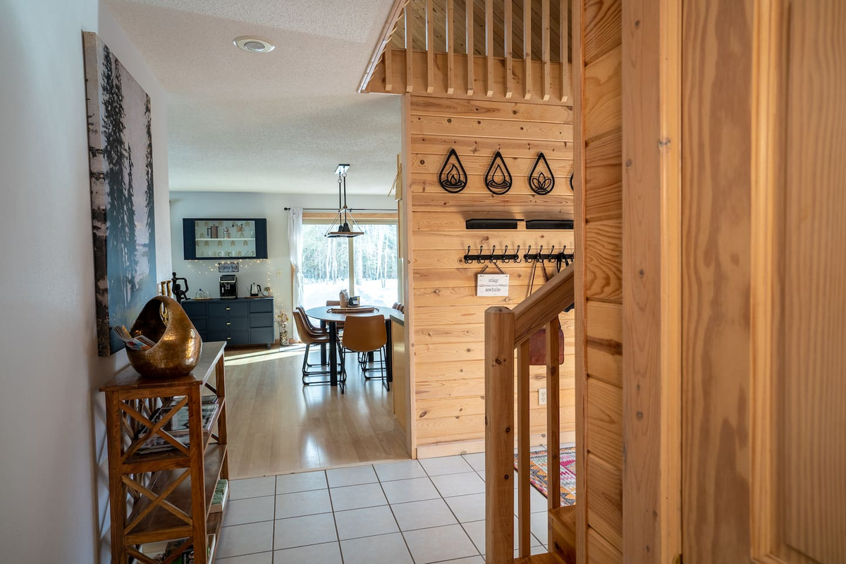 This is the view from the hallway downstairs, into the dining area.  