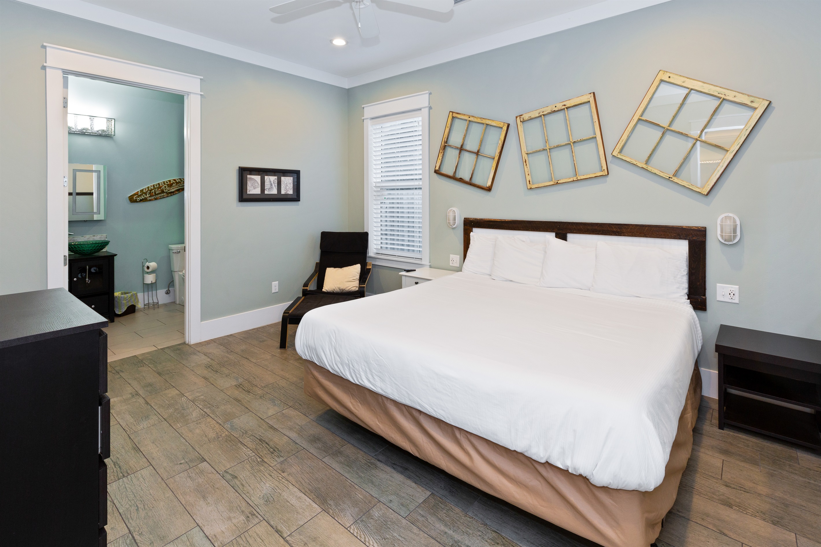 The second of two king bedrooms on the first floor. This one features a private bath and large walk-in closet, also great for a pack n play or crib.