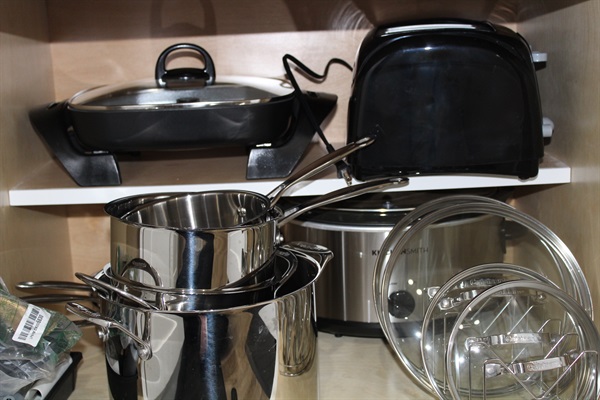 Stainless pots and pans, electric skillet, toaster, large pot