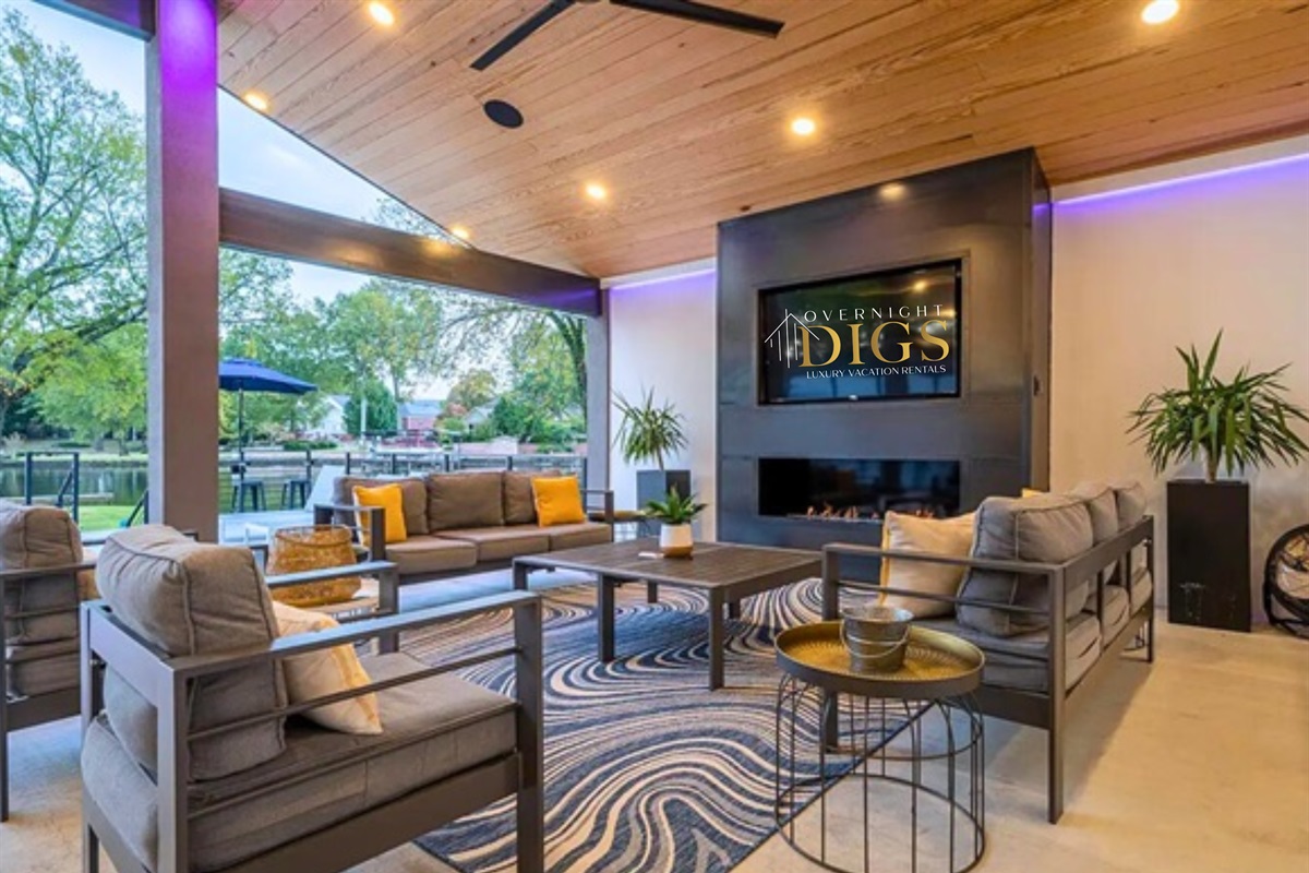 [Covered Patio] The Outdoor Patio Area has a Smart TV, Fireplace, and Lounge Seating.