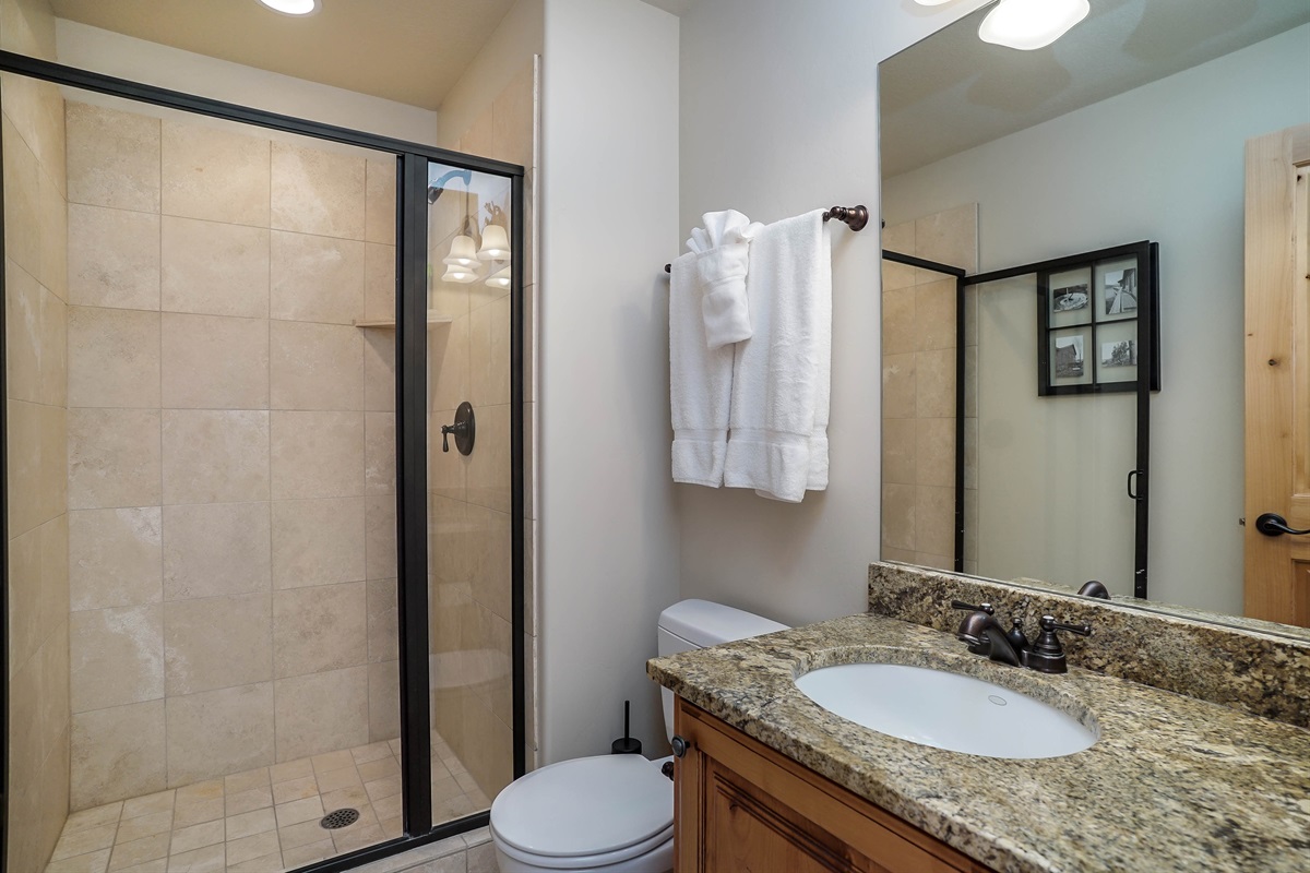 Stylish main-level bathroom with granite vanity and walk-in shower.