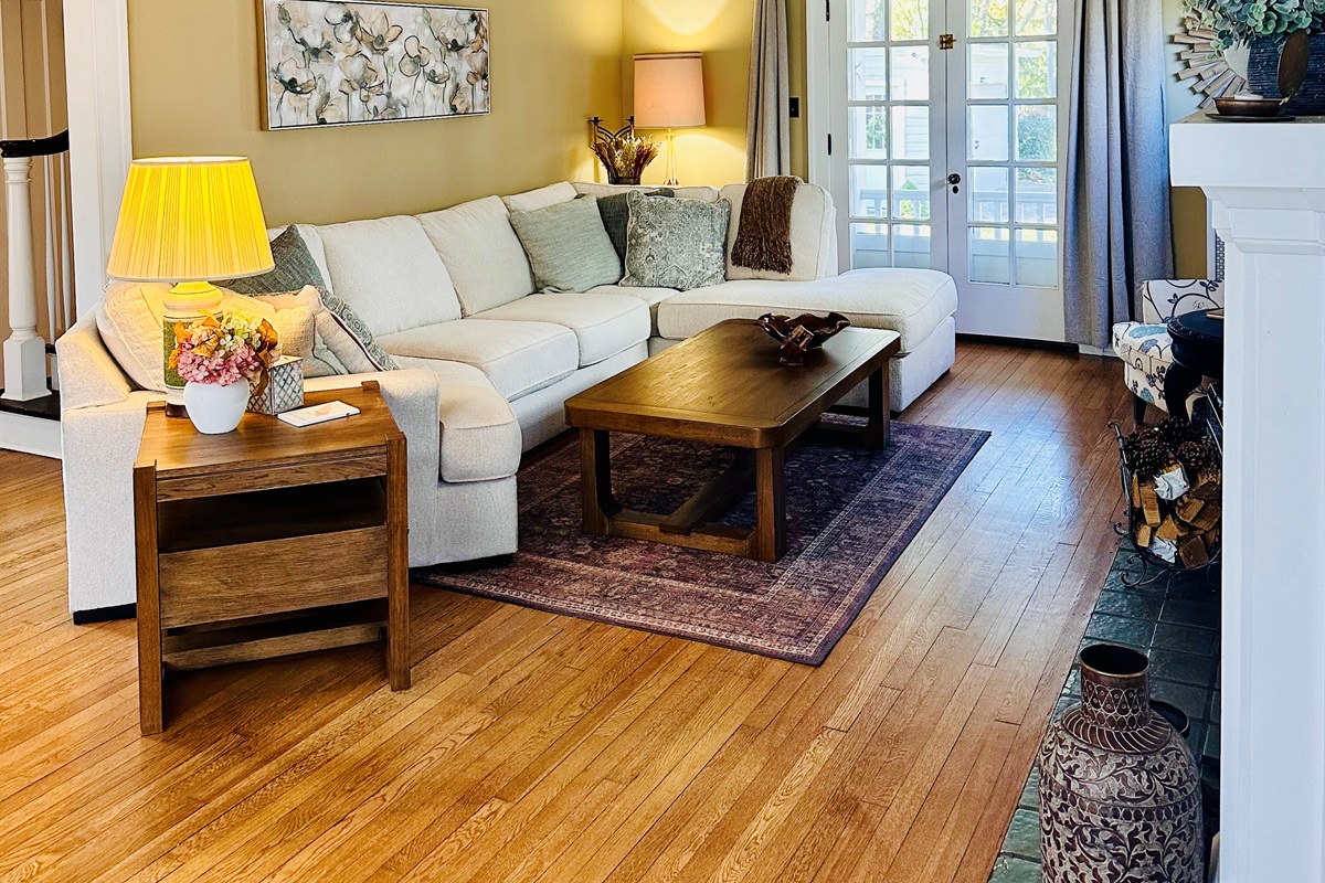 Living Room with French Doors that open to a secluded porch