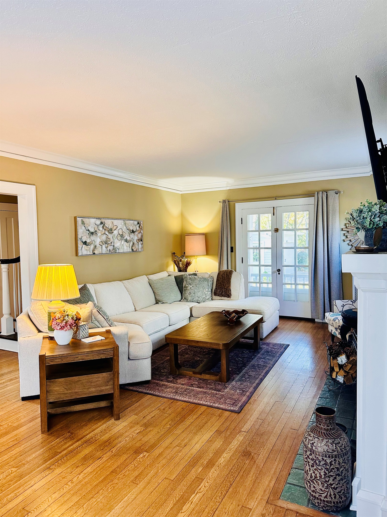 Living Room with French Doors that open to a secluded porch