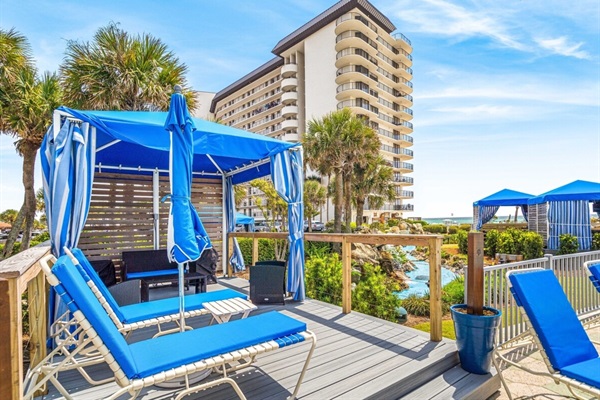 Cabanas available for rent at the lagoon pool