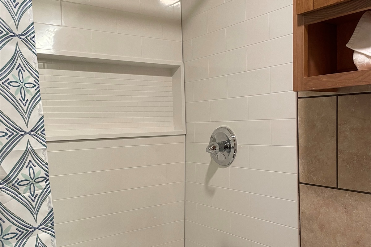 Large shelf in the shower for beauty products